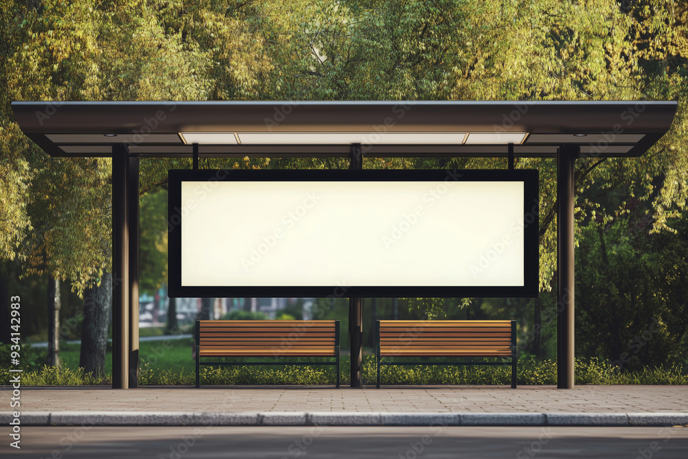 A serene bus stop amidst lush greenery featuring a blank billboard ready for creative advertising A serene bus stop amidst lush greenery featuring a blank billboard ready for creative advertising