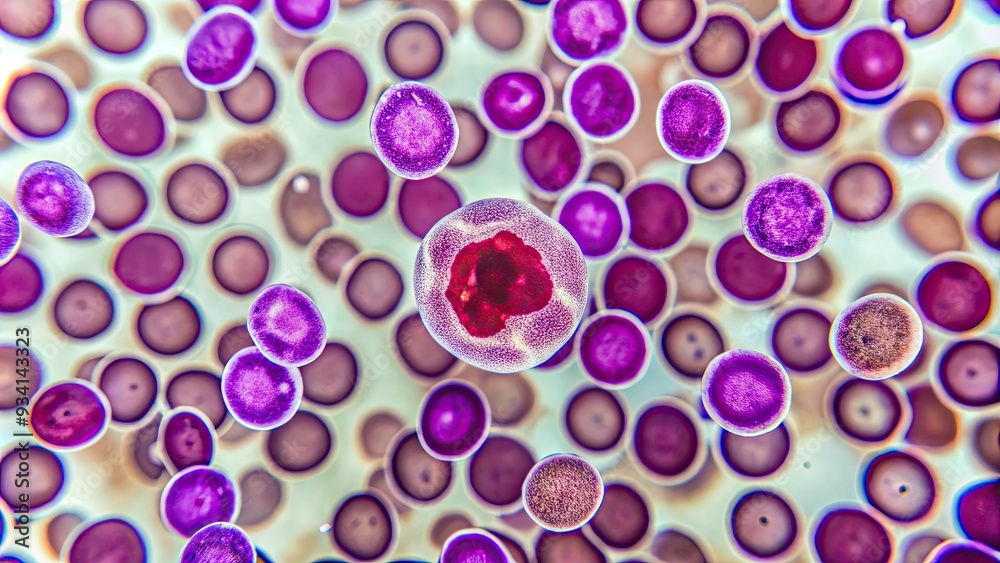 Microscopic view of a blood smear showing a low count of monocytes, a ...