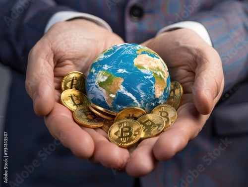 Business man with palms hands up, holding a Earth globe and a pile of golden bitcoins in his hands. Concept of caring the natural environment in the Earth.