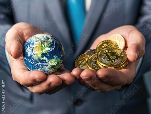 Business man with palms hands up, holding a earth globe in one hand and holding a pile of golden bitcoins in the other. Concept of balance between uncompromising growth and care of the Earth.