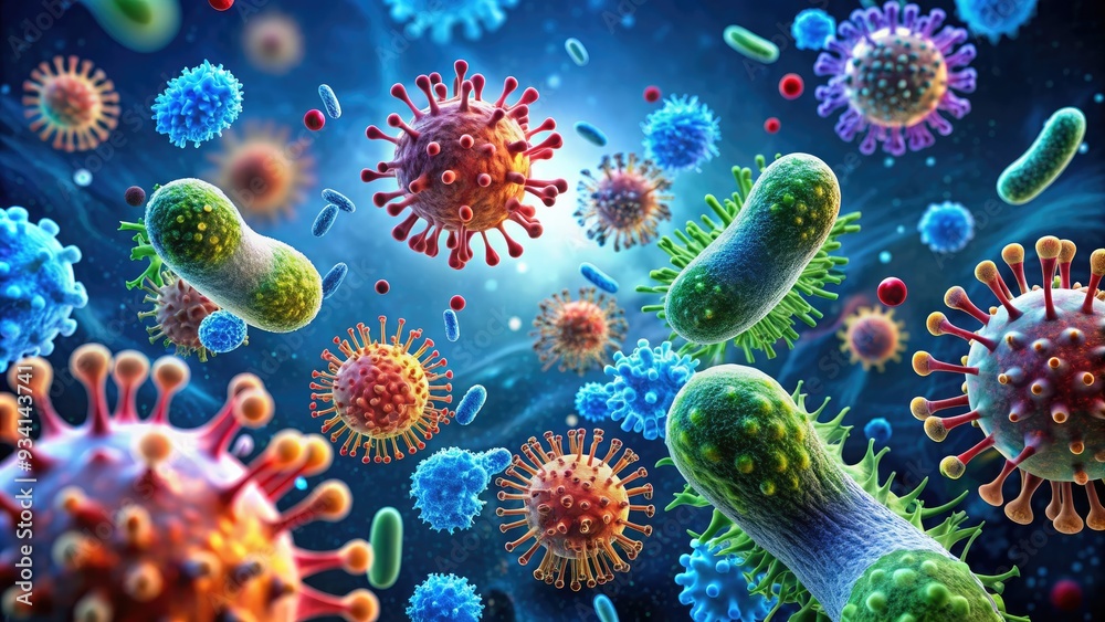 Microscopic view of bacteria and viruses on a dark blue background, illustrating the concept of infection, disease, and microbiology with 3D illustration elements. Microscopic view of bacteria and viruses on a dark blue background, illustrating the concept of infection, disease, and microbiology with 3D illustration elements.