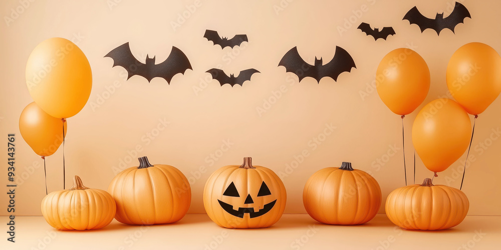 Halloween Decor with Pumpkins, Balloons, and Bats on Orange Background Halloween Decor with Pumpkins, Balloons, and Bats on Orange Background