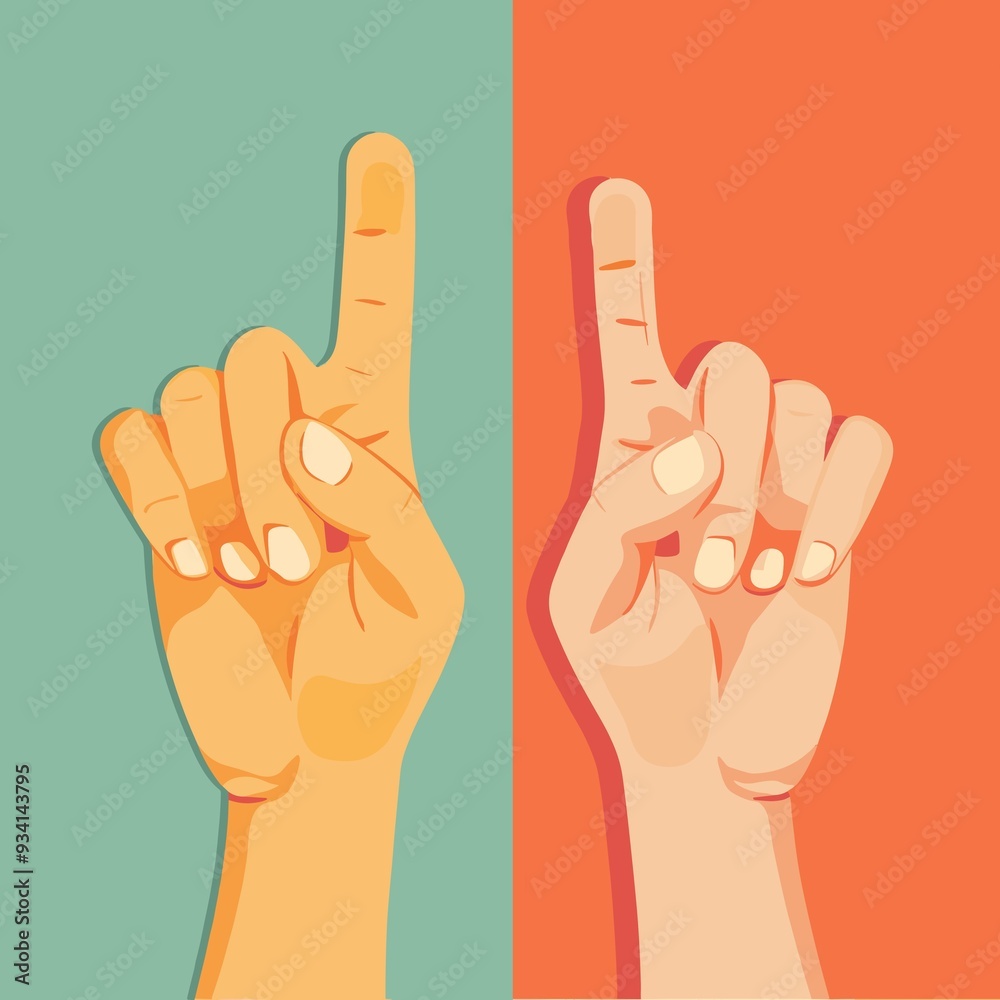 Diverse hands pointing upwards in retro style representing unity against colorful background Diverse hands pointing upwards in retro style representing unity against colorful background