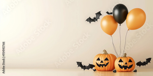 Halloween Decor with Jack-o'-Lanterns, Balloons, and Bats in a Minimalist Setting