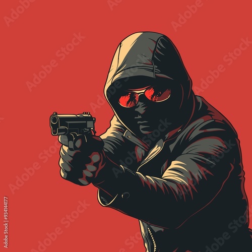 Hooded figure with menacing stance aiming gun against red background