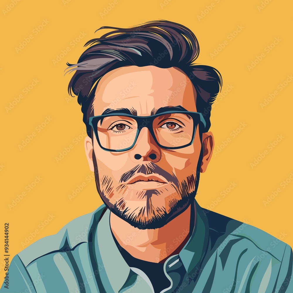Stylized Man with Glasses Confidently Gazing Against Yellow Background Stylized Man with Glasses Confidently Gazing Against Yellow Background