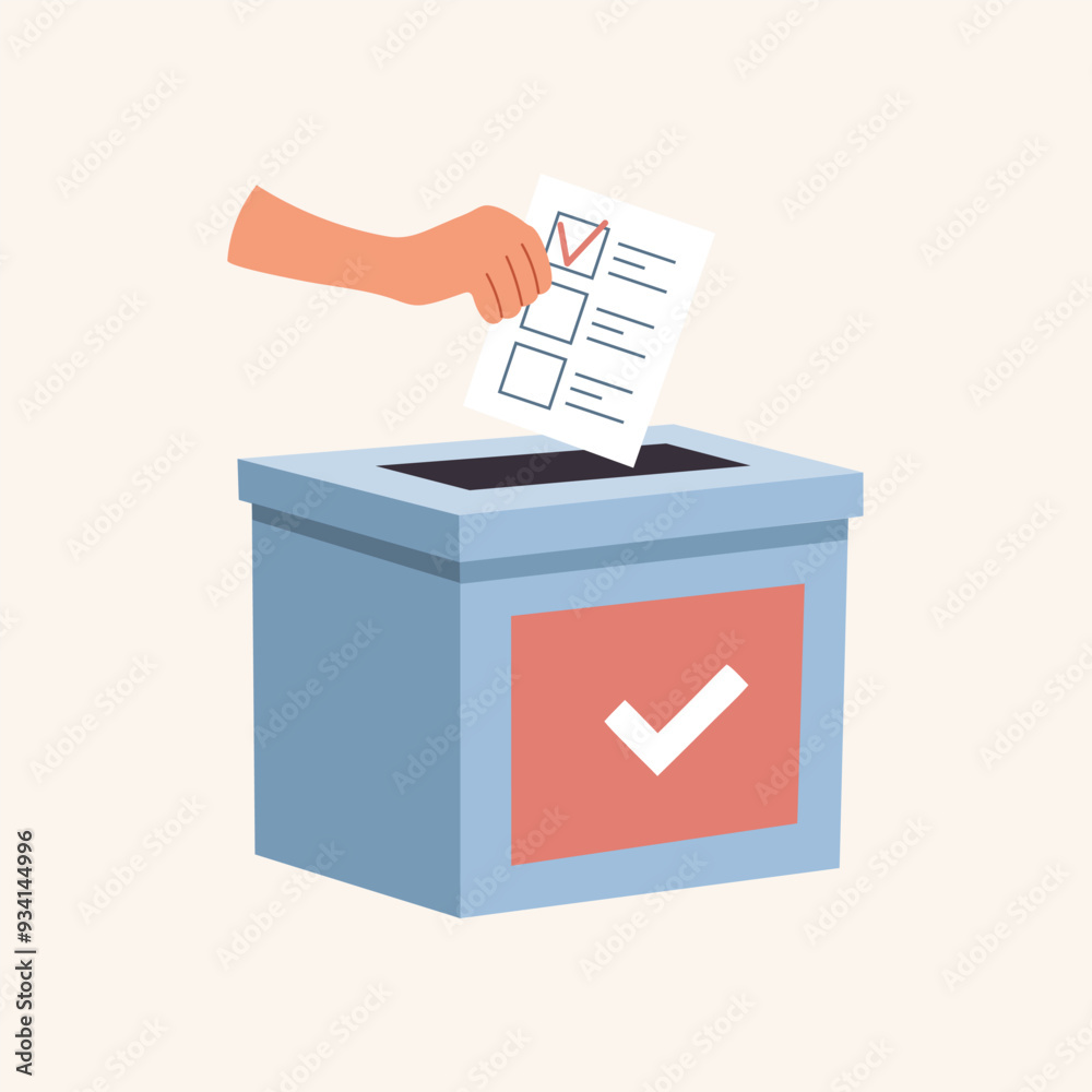 Hand putting a vote ballot in the election box. Voting and elections concept. Illustration in flat style Hand putting a vote ballot in the election box. Voting and elections concept. Illustration in flat style