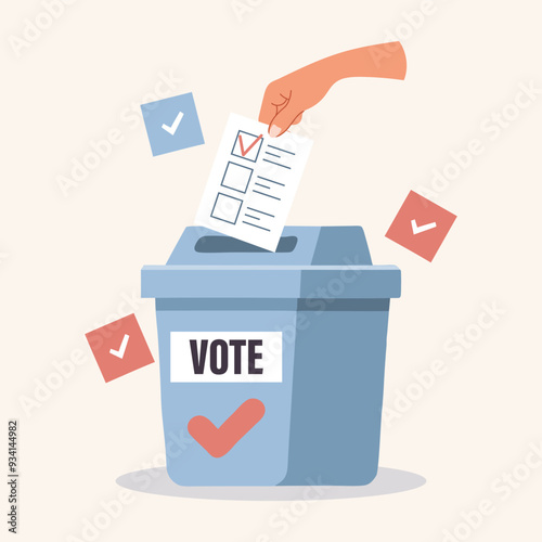 Hand putting a vote ballot in the election box. Voting and elections concept. Illustration in flat style