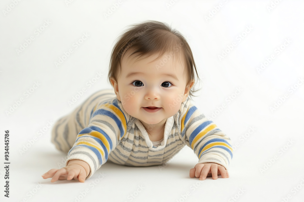 Adorable baby crawling on a soft white surface, showcasing joy and curiosity in a bright and peaceful environment Adorable baby crawling on a soft white surface, showcasing joy and curiosity in a bright and peaceful environment