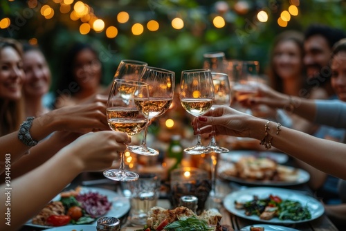 multiethic big group of people enjoying barbecue dinner together outdoors sitting on garden table eating and toasting wine. large diverse happy friends having a summer evening picnic. Generative AI