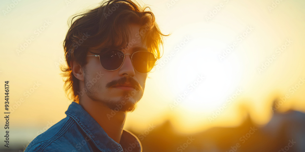 Fototapeta premium Young Man in Sunglasses at Sunset with Stylish Hair and Denim Jacket