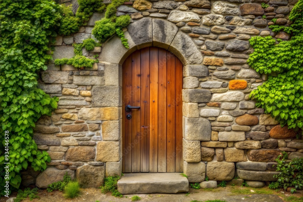 A stone building with a wooden door and a green vine growing on the wall. A stone building with a wooden door and a green vine growing on the wall.