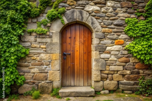 A stone building with a wooden door and a green vine growing on the wall.