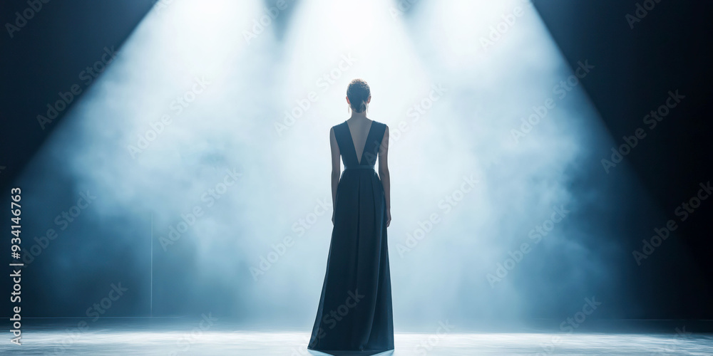 Obraz premium Young Woman in Elegant Black Dress on Stage Under Dramatic Lighting