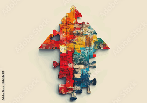 Colorful Puzzle Pieces Forming Upward Arrow Symbolizing Business Growth and Success Concept, Abstract Vector Illustration of Teamwork, Strategy, and Innovation for Achieving Goals