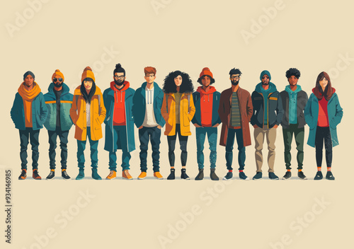 Diverse Team Cooperation Concept: Unified Group of Young Adults in Casual Winter Clothing, Minimalistic Vector Illustration