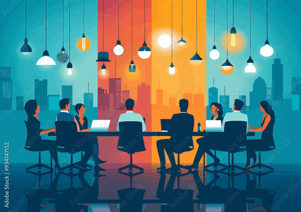 Diverse Business Team in Modern Office Evening Concept Meeting with City Skyline Background Communication and Collaboration Diverse Business Team in Modern Office Evening Concept Meeting with City Skyline Background Communication and Collaboration