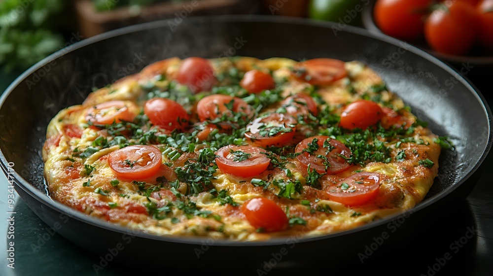 A steaming omelette with cherry tomatoes and parsley in a frying pan. A steaming omelette with cherry tomatoes and parsley in a frying pan.