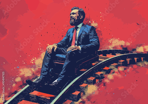 Businessman on Roller Coaster Ride Depicting Market Volatility and Corporate Challenges, Surreal Illustration with Financial Chart Theme and Abstract Background