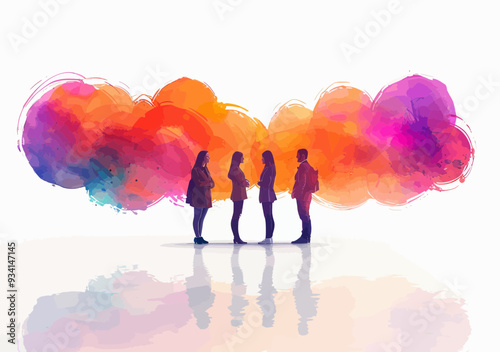 Creative Business Brainstorming: Minimalistic Vector Illustration of People Engaging in Discussion Within Colorful Speech Bubbles
