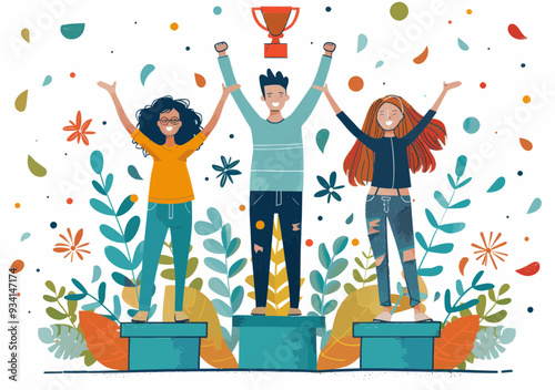 Celebrating Office Success: Top Employee Award Winners on Podium with Trophy and Confetti, Vector Illustration