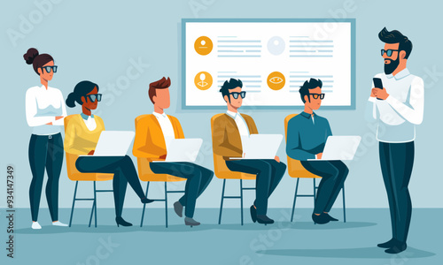 Business Team in Presentation Meeting with Male Leader Conducting Educational Session, Vector Illustration of Professional Office Setting with Colleagues Listening, Daytime Corporate Training Concept