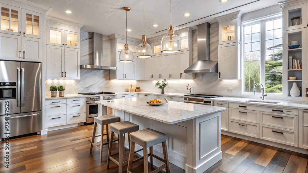 A modern kitchen with white cabinets, stainless steel appliances, and a marble countertop A modern kitchen with white cabinets, stainless steel appliances, and a marble countertop