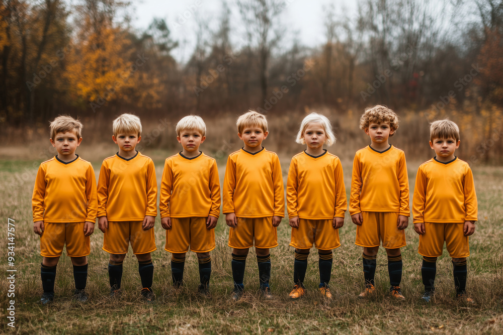 A vibrant autumn gathering of a youthful soccer team posing proudly in their bright yellow uniforms A vibrant autumn gathering of a youthful soccer team posing proudly in their bright yellow uniforms