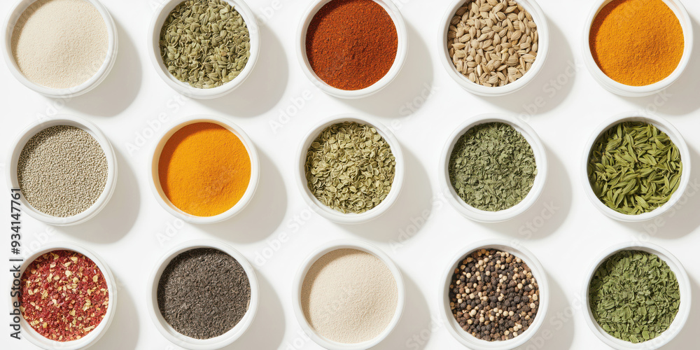Assorted Spices and Herbs in White Bowls on White Background - Culinary and Cooking Ingredients Assorted Spices and Herbs in White Bowls on White Background - Culinary and Cooking Ingredients
