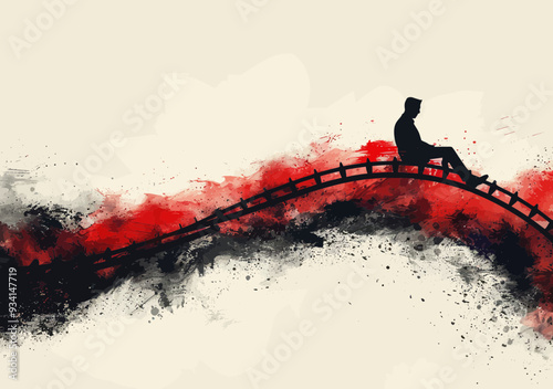 Businessman Riding Roller Coaster on Financial Chart, Illustrating the Ups and Downs of Business, Creative Minimalistic Vector Art with Abstract Background in Red and Black Tones