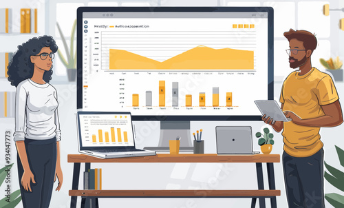 Diverse Business Team Presenting Data and Analytics, Collaborative Learning, Minimalistic Vector Illustration, Office Setting, Daytime Atmosphere