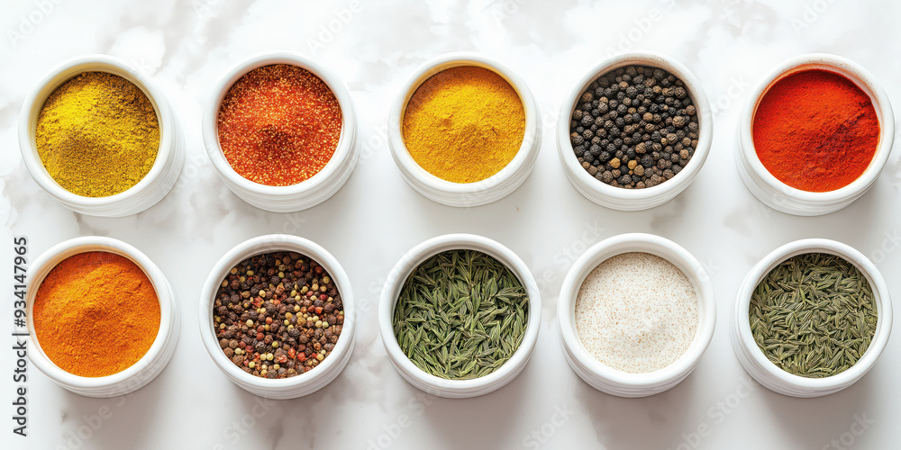 Assorted Organic Spices in White Bowls on Marble Background - Vibrant Culinary Ingredients Assorted Organic Spices in White Bowls on Marble Background - Vibrant Culinary Ingredients