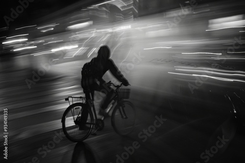 Black and white blurred motion image of a cyclist riding through a city at night, with light streaks capturing the speed and energy With copy space for text.