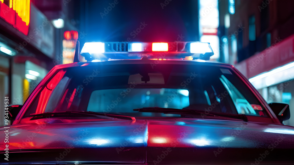 Police Car Siren Lights Driving On City Street Law Enforcment Traffic 