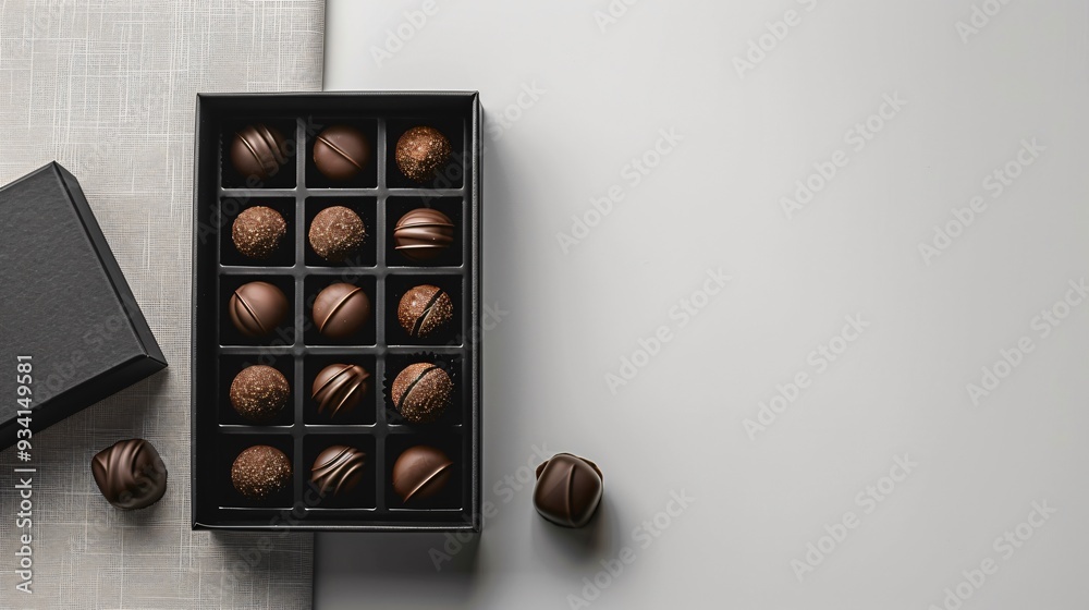 top view of assorted chocolates in black gift box top view of assorted chocolates in black gift box