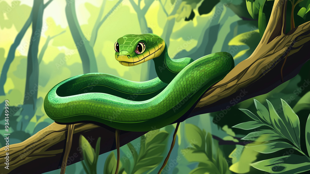 Fototapeta premium Green snake on tree branch in tropical forest. Cute reptile rest. Chinese new year symbol. Illustration of exotic flora and fauna, dangerous cartoon animal character