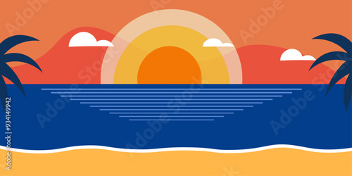 sunset sea palms tropical summer illustration beach blue orange colors