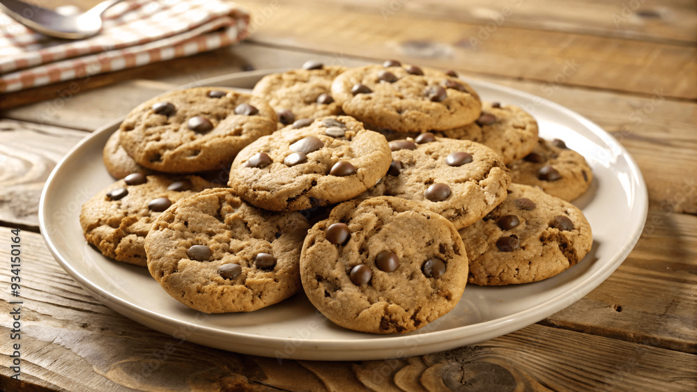 A plate of homemade cookies with chocolate chips on a wooden table A plate of homemade cookies with chocolate chips on a wooden table