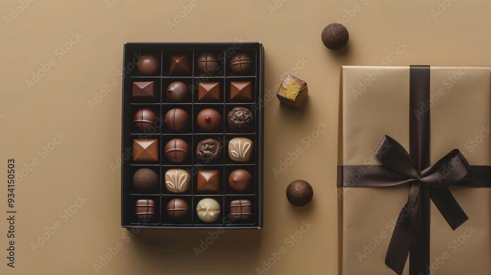 top view of assorted chocolates in black gift box top view of assorted chocolates in black gift box