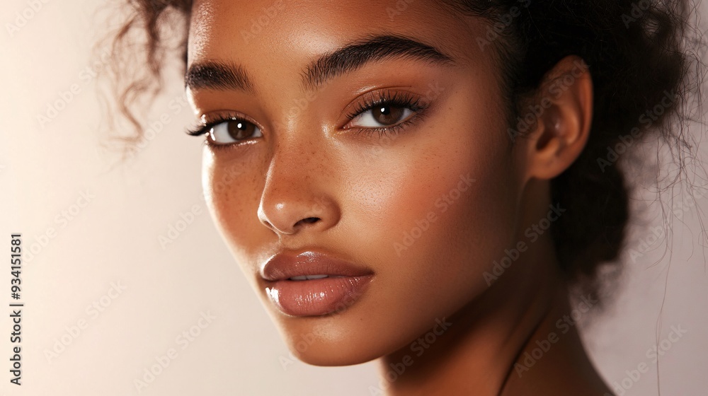 Naklejka premium A close-up of a model with natural makeup, highlighting facial features against a soft, light solid color background