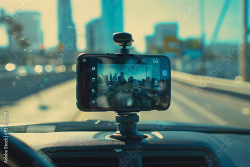 A smartphone mounted on a car dashboard records a city drive during the day, with skyscrapers and blurred background photo