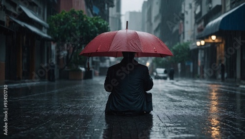 Man with umbrella sitting in rain