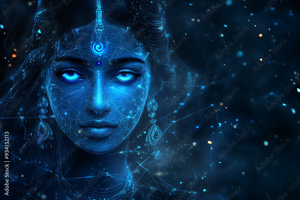 An abstract digital background featuring Devi Parvati, the Hindu goddess of love