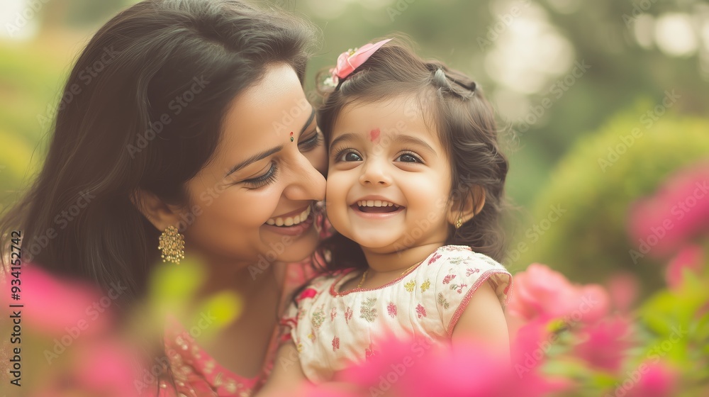 Mother and daughter share a joyful moment in a garden filled with blooming flowers during golden hour Mother and daughter share a joyful moment in a garden filled with blooming flowers during golden hour