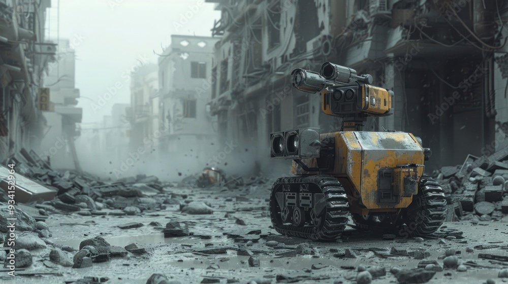 Image depicting a bomb disposal robot working in an urban area. Image depicting a bomb disposal robot working in an urban area.