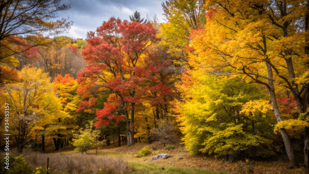 Fototapeta premium A vibrant autumn forest with trees displaying red, orange, and yellow Leaves