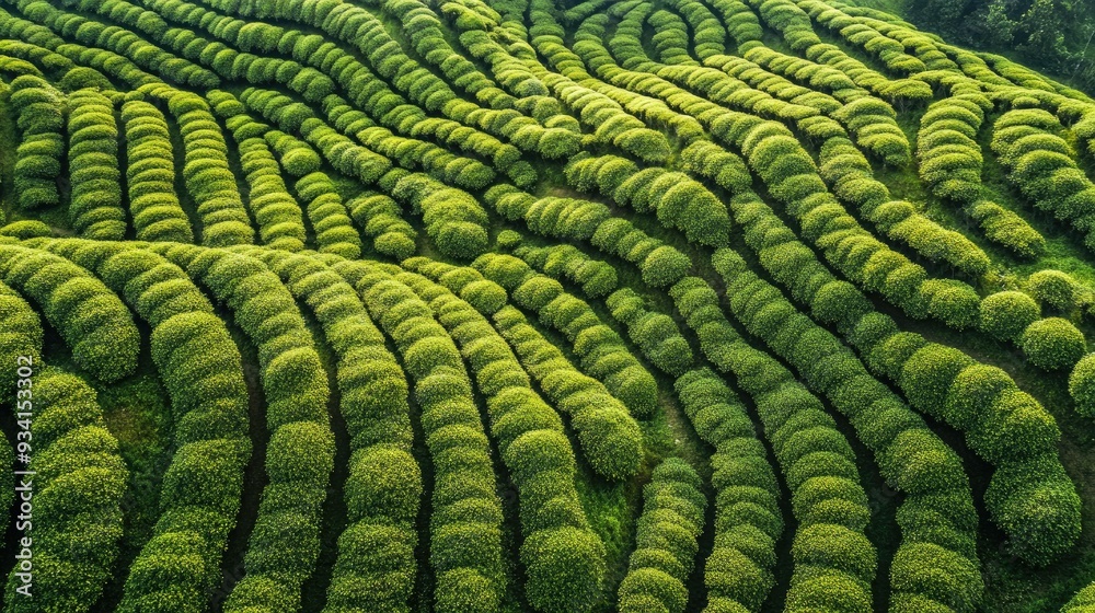 Top-down shot of a coffee plantation, showcasing vibrant green coffee bushes growing in orderly patterns across the landscape. Top-down shot of a coffee plantation, showcasing vibrant green coffee bushes growing in orderly patterns across the landscape.