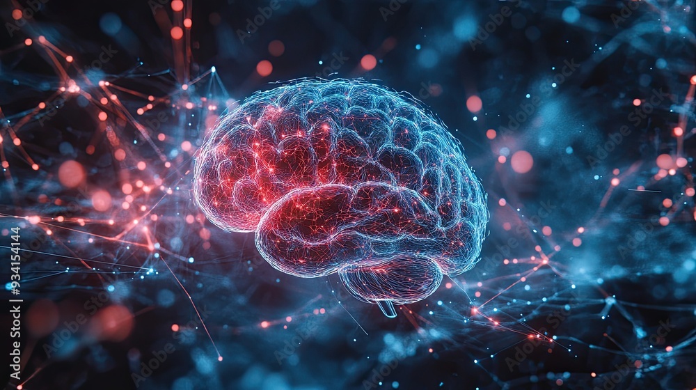 A brain is shown in a computer generated image with red and blue colors A brain is shown in a computer generated image with red and blue colors