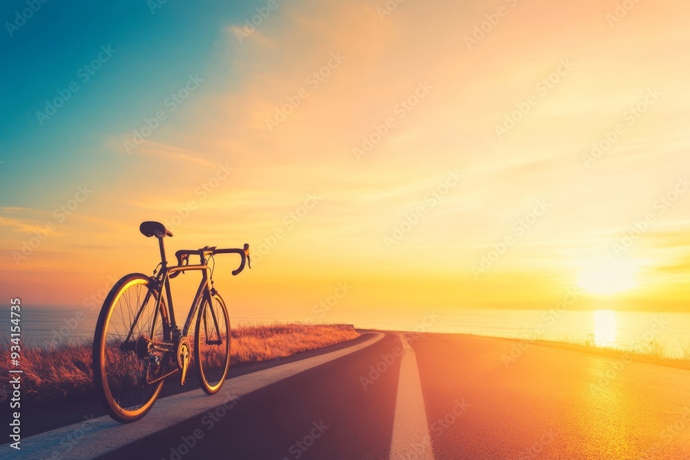 Serene Sunset Cycling: Solo Bicycle on a Coastal Road Serene Sunset Cycling: Solo Bicycle on a Coastal Road