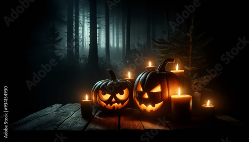 Two pumpkins with scary faces and lit candles on a wooden table. Scene is spooky and eerie